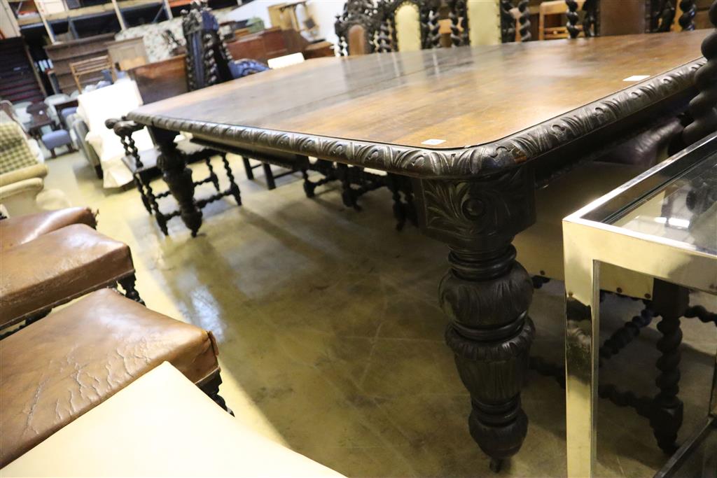 A Victorian carved oak extending dining table, with two spare leaves, length 244cm extended, width 118cm, height 78cm